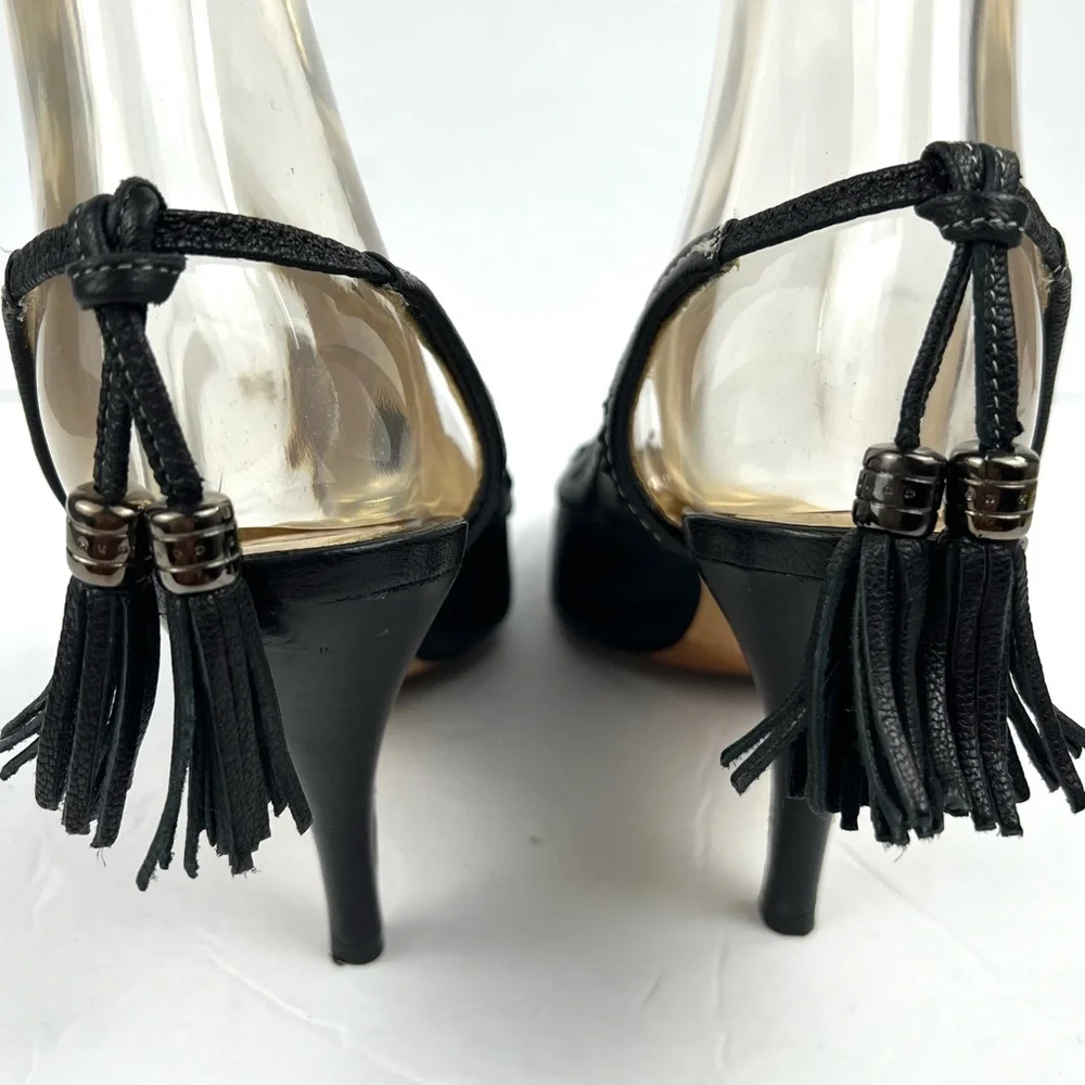 Hugo Boss Tassel Fringe Trim Leather Heels 39/8.0 Black Designer Quiet Luxury - Picture 7 of 17